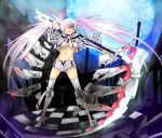  black_rock_shooter black_rock_shooter_(game) eiji_(eiji) red_eyes scythe shorts thigh-highs thighhighs tongue twintails white_hair white_rock_shooter 
