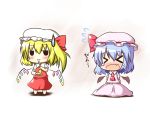  &gt;_&lt; 2girls ascot bat_wings blonde_hair blue_hair blush brooch chibi crying detached_wings dress eating fang flandre_scarlet flat_gaze gaius_(nikoniko2) hat jewelry multiple_girls open_mouth pink_dress red_dress remilia_scarlet short_hair siblings side_ponytail sisters standing sweatdrop tears touhou wings 