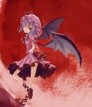  ankle_lace-up bat_wings blue_hair cross-laced_footwear curtsey dress dress_lift fang hat hat_ribbon heno51 highres looking_back red_eyes remilia_scarlet ribbon short_hair solo touhou wings 