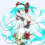  aqua_eyes aqua_hair bridal_gauntlets colored_eyelashes hatsune_miku hatsune_miku_(append) headphones headset highres long_hair miku_append navel necktie shunsuke solo steepled_fingers thigh-highs thighhighs twintails very_long_hair vocaloid vocaloid_append 