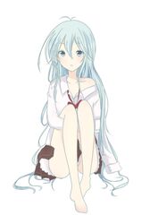  bare_shoulders barefoot blue_eyes blue_hair bow denpa_onna_to_seishun_otoko feet frown long_hair off_shoulder school_uniform sitting skirt touwa_erio very_long_hair 