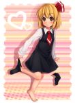  barefoot blonde_hair blush bow brown_eyes dress feet frown hair_bow heart highres hinami hinami_(hinatamizu) necktie rumia short_hair single_sock sock_pull socks socks_removed solo the_embodiment_of_scarlet_devil touhou youkai 