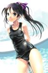  black_hair black_school_swimsuit bow copyright_request derivative_work hair_bow katahira_masashi one-piece_swimsuit ponytail school_swimsuit shiny shiny_clothes solo swimsuit water 