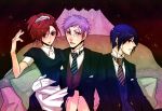  arisato_minato blue_eyes blue_hair brown_hair butler couch female_protagonist_(persona_3) formal grey_hair maid necktie persona persona_3 persona_3_portable red_eyes sanada_akihiko to_(pixiv1355028) 