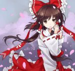  bow cherry_blossoms date dated detached_sleeves hair_bow hakurei_reimu japanese_clothes miko petals solo touhou tucana 