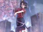  :p bad_id black_hair blue_eyes cherry_blossoms flower geung_si graveyard hat jiangshi miyako_yoshika nayuzu ofuda outstretched_arms pale_skin petals short_hair side_slit skirt solo star tombstone tongue touhou tree zombie_pose 