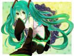  all_fours detached_sleeves green_eyes green_hair hatsune_miku long_hair muki muki_(xxmk03) necktie skirt sleeves_past_wrists solo thigh-highs thighhighs twintails very_long_hair vocaloid 