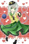  green_eyes green_hair green_skirt harukaruha hat heart heart_hands highres komeiji_koishi smile solo third_eye touhou yellow_shirt 