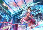  black_hair chinese_clothes dragon east_asian_architecture from_below fuji_choko hair_ornament hanfu highres long_hair looking_back original outstretched_arm red_eyes sky solo tree water 