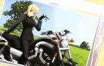  1girl ahoge blonde_hair detexted fate/stay_night fate/zero fate_(series) female formal green_eyes highres key motor_vehicle motorcycle nagamori_masato necktie pant_suit photoshop saber saber_lion solo suit vehicle yamaha 