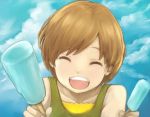  :d brown_hair closed_eyes eyes_closed food ice_cream offering open_mouth persona persona_4 popsicle satonaka_chie short_hair smile torimamire 