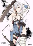  bandage bandages belt bow braid breasts chain chains dual_wielding elbow_gloves flower frills gloves hair_ornament kaine_(nier) lingerie negligee nier panties ribbon short_hair silver_hair solo sword thigh-highs thigh_strap thighhighs underwear weapon white_hair white_panties yellow_eyes yuzumame 