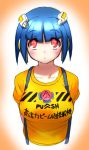  bad_id blue_hair blush breasts casual character_request dream_c_club face highres ili_(dream_c_club) large_breasts red_eyes short_hair solo suspenders symbol-shaped_pupils taut_shirt 