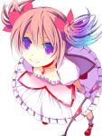  bad_id blue_eyes bow bow_(weapon) bubble_skirt dress face from_above hair_bow highres kaname_madoka looking_up magical_girl mahou_shoujo_madoka_magica multicolored_eyes pink_eyes pink_hair purple_eyes shoes smile solo temari_(artist) temari_(deae) twintails weapon 