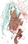  ahoge aqua_eyes aqua_hair boots candy candy_cane cross-laced_footwear enoki enoki. flower full_body hair_ribbon hat hatsune_miku knee_boots lollipop long_hair mouth_hold ribbon simple_background solo swirl_lollipop top_hat twintails very_long_hair vocaloid 
