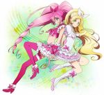 back-to-back blonde_hair blue_eyes boots bow cross-laced_footwear cure_melody cure_rhythm green_eyes hair_bow hairband hand_holding holding_hands houjou_hibiki long_hair magical_girl midriff minamino_kanade multiple_girls musical_note navel pink_hair ponytail precure smile staff_(music) star suite_precure thigh-highs thighhighs twintails waxwa 