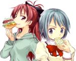  blue_eyes blue_hair bow ds_(artist) eating food grin hair_bow long_hair mahou_shoujo_madoka_magica miki_sayaka mouth_hold multiple_girls ponytail red_eyes red_hair redhead sakura_kyouko school_uniform short_hair smile taiyaki teeth wagashi 