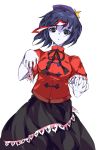  alphes_(style) beret black_eyes blue_hair chinese_clothes formless_god geung_si hat jiangshi miyako_yoshika ofuda outstretched_arms pale_skin parody ribbon short_hair simple_background solo star style_parody touhou zombie_pose 