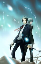  absurdres adachi_tooru back-to-back belt black_hair closed_eyes eyes_closed grey_eyes grey_hair gun handgun hayase_(kinunu) highres katana kinunu multiple_boys narukami_yuu necktie persona persona_4 revolver school_uniform seta_souji spoilers sword weapon 