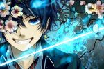  ao_no_exorcist aoshiki black_hair blue_eyes cherry_blossoms fangs flower glowing glowing_weapon grin male okumura_rin smile solo sword weapon 