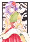  1girl acrylic_paint_(medium) brush calligraphy_brush floral_background floral_print flower hair_flower hair_ornament hieda_no_akyuu japanese_clothes kimono light_smile looking_at_viewer obi paintbrush pom77 purple_hair red_skirt sash scroll short_hair skirt solo touhou traditional_media violet_eyes wide_sleeves 