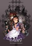  alice_in_wonderland alphonse_(white_datura) apron black_eyes brown_hair card cards castle cheshire_cat clock cover cover_page falling_card flower gears highres long_hair mad_hatter mask personification playing_card queen_of_hearts rose white_rabbit yellow_rose 