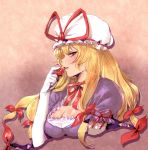  blonde_hair blush bow_(artist) bow_(bhp) breasts cleavage elbow_gloves food fruit gap gloves hair_ribbon hat holding holding_fruit holding_strawberry large_breasts long_hair naughty_face portrait profile ribbon solo strawberry touhou white_gloves yakumo_yukari yellow_eyes 