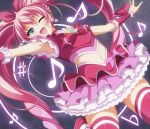  :d armpits arms_up belly_button blue_eyes blush cure_melody dansa earrings fang grey_background houjou_hibiki jewelry long_hair magical_girl musical_note navel open_mouth pink_hair pink_legwear precure smile solo suite_precure thigh-highs thighhighs twintails wink zettai_ryouiki 