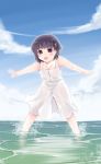  aikawa_kizuna black_eyes black_hair blue_eyes blush cloud crossdressing crossdressinging dress hair_ornament hairclip highres male ocean open_mouth outstretched_arms prunus_girl see-through sesield short_hair sky smile solo spread_arms sundress trap wading water wet wet_clothes 
