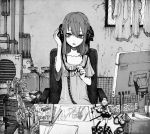  book can computer_keyboard computer_mouse drawing eraser figure headphones laundry long_hair loose_shirt monitor monochrome mousepad office_chair original paper pen pipes ruler school_uniform serafuku sitting solo sword t-shirt toi_(number8) weapon 