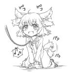  all_fours animal_ears blush collar ear_wiggle fang kasodani_kyouko kneeling leash monochrome musical_note open_mouth smile solo tail tail_wagging tec touhou 