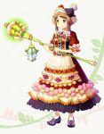  braid brown_hair endos flower frills green_eyes hair_flower hair_ornament hat lantern long_hair original smile solo staff standing traditional_clothes twin_braids 