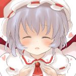  blue_hair blush closed_eyes dress eyes_closed face fang hand_on_another's_chest hand_on_chest hat heart incipient_kiss open_mouth pink_dress remilia_scarlet shize_(coletti) solo touhou xyxy0707 