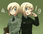  :d blonde_hair blue_eyes bust erica_hartmann glasses kinosaki_(green_patio) military military_uniform multiple_girls open_mouth salute short_hair siblings simple_background sisters smile strike_witches two-finger_salute uniform ursula_hartmann wink 