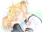  blonde_hair blush brother_and_sister closed_eyes eyes_closed hair_ribbon hand_on_head incest kagamine_len kagamine_rin kiss nyankichi ponytail ribbon shirt siblings twincest twins vocaloid white_shirt 