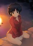  bare_legs between_thighs black_hair blush bottomless breasts brown_eyes campfire cleavage fire no_pants ranma3049 ranma_1/2 red_shirt sitting sleeves_past_wrists solo tendou_akane v_arms wariza 