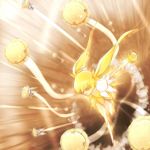  1girl blonde_hair boots bow brown_background cure_sunshine dress firing flower hair_bow heartcatch_precure! long_hair magical_girl myoudouin_itsuki precure running skirt solo twintails tyamaguch yellow yellow_dress yellow_eyes 