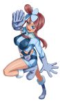  boots breasts classictime fuuro_(pokemon) gloves hair_ornament highres midriff open_mouth pokemon pokemon_(game) pokemon_black_and_white pokemon_bw red_hair redhead simple_background solo white_background 