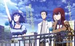  black_hair blue_eyes brown_hair green_eyes hat highres jacket labcoat long_hair makise_kurisu necktie okabe_rintarou open_mouth sakai_kyuuta shiina_mayuri short_hair steins;gate 