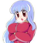  breasts kamishirasawa_keine large_breasts long_hair multicolored_hair red_eyes solo sotto touhou track_suit 