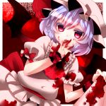  bad_id bat_wings blood blood_on_clothes blood_on_face bloody_clothes colored_eyelashes eyelashes hand_to_mouth hat licking pink_eyes purple_hair remilia_scarlet short_hair skirt skirt_lift slit_pupils solo touhou white_hair wings yutazou 