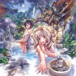  ahoge architecture bathing bird black_eyes black_hair blonde_hair east_asian_architecture face feet_in_water foreshortening full_moon graphite_(medium) hair_up hands lights long_hair matsuda_(artist) matsuda_(matsukichi) mixed_media moon mountain multiple_girls naked_towel night onsen original outstretched_arm sake scenery short_hair sitting smile soaking_feet souzu stone_lantern submerged towel traditional_media tree water waterfall wet 