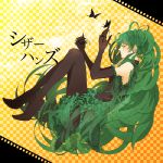  bad_id butterfly checkered checkered_background claws closed_eyes den17 earrings elbow_gloves eyes_closed frills gloves green_hair hatsune_miku high_heels jewelry long_hair pantyhose scissorhands_(vocaloid) shoes solo very_long_hair vocaloid 