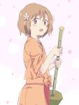  bamboo_broom blush broom brown_eyes brown_hair flower hair_flower hair_ornament hanasaku_iroha japanese_clothes matsumae_ohana nurutema open_mouth short_hair solo 