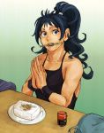  black_eyes black_hair character_request chopsticks food hangaku_(hannnohadaka) king_of_fighters leona_heidern mouth_hold muscle muscular_female ponytail snk 