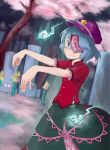  beret blouse blue_eyes blue_hair cherry_blossoms chinese clothes flower geung_si ghost graveyard hat hitodama jiang_shi jiangshi miyako_yoshika necktie ofuda outstretched_arms pale_skin short_hair skirt smile solo star touhou turnnail wisp zombie zombie_pose 