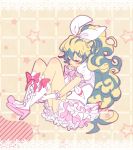  bare_legs blonde_hair blush boots closed_eyes cosplay cure_rhythm cure_rhythm_(cosplay) curly_hair eyes_closed hairband hand_to_mouth leg_hug linaria_(ookinahitomi) long_hair look-alike magical_girl nia_teppelin ponytail precure solo star starry_background suite_precure tengen_toppa_gurren-lagann tengen_toppa_gurren_lagann yellow_background 