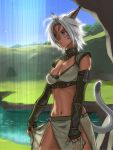  armor blue_eyes breasts cat_ears cat_tail cleavage dark_skin elbow_gloves final_fantasy final_fantasy_xi fingerless_gloves gloves grass highres midriff mithra navel quot short_hair sky solo sweat tail tan water wet white_hair 