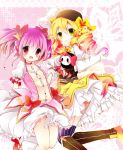  blonde_hair blush bubble_skirt charlotte_(madoka_magica) drill_hair kaname_madoka magical_girl mahou_shoujo_madoka_magica multiple_girls nanamomo_rio pink_eyes pink_hair shoes smile thighhighs tomoe_mami twin_drills twintails yellow_eyes 