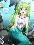  1girl blush breasts clam cleavage dolphin ehimedaisuki fish green_hair hair_ornament highres jewelry long_hair mermaid monster_girl muromi-san namiuchigiwa_no_muromi-san necklace open_mouth red_eyes seashell shell sitting twintails underwater very_long_hair 